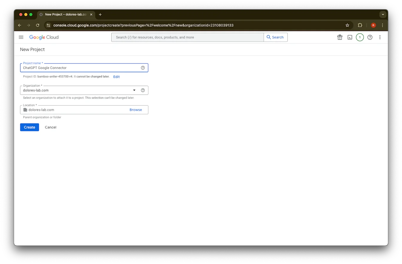 Google Cloud New Project form with ChatGPT Google Connector entered under the dolores-lab.com organization