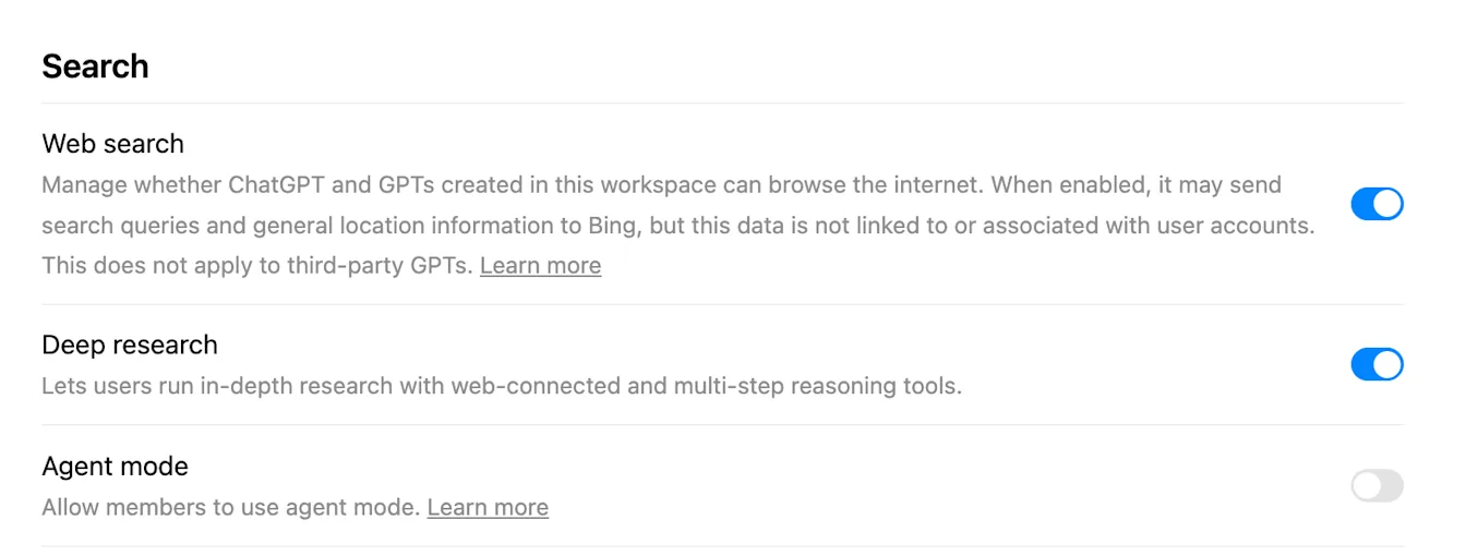 Workspace Search settings with Web search and Deep research enabled, Agent mode disabled