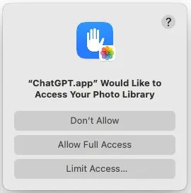macOS permission prompt asking to allow ChatGPT.app access to the Photo Library