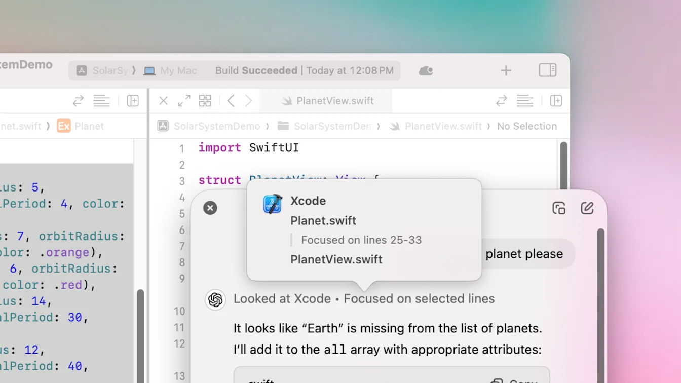 ChatGPT on macOS using the Xcode app to inspect Planet.swift with focus on lines 25–33