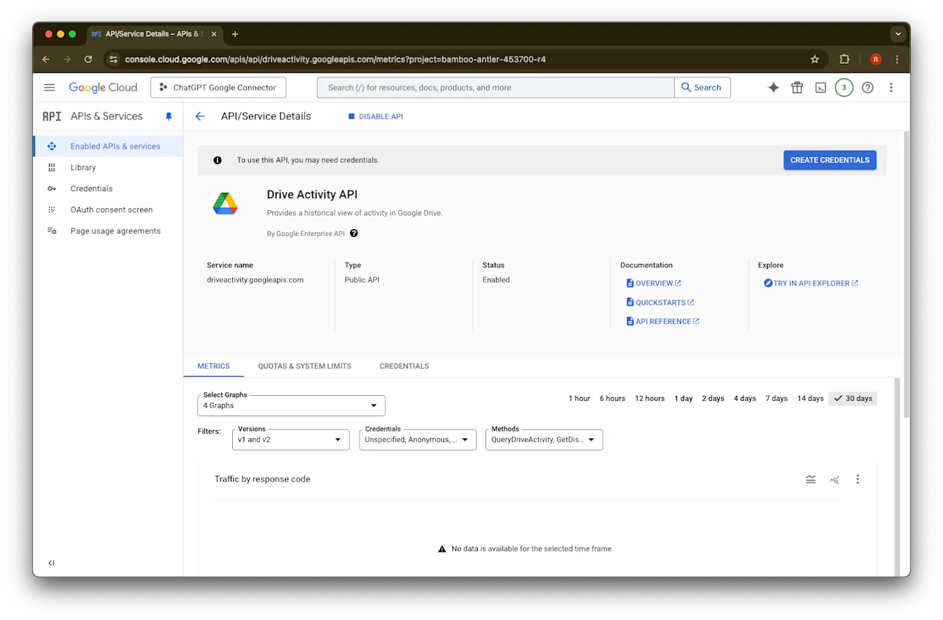 Google Cloud Console Drive Activity API details page with the API enabled and Create credentials available