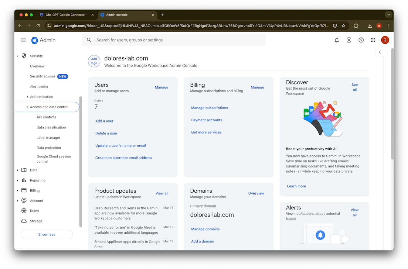 Google Workspace Admin console home with Security > Access and data control expanded in the sidebar