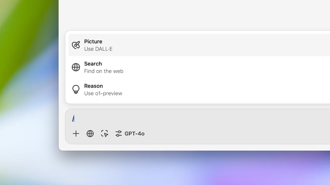 ChatGPT macOS composer tools menu with Picture, Search, and Reason options above GPT-4o