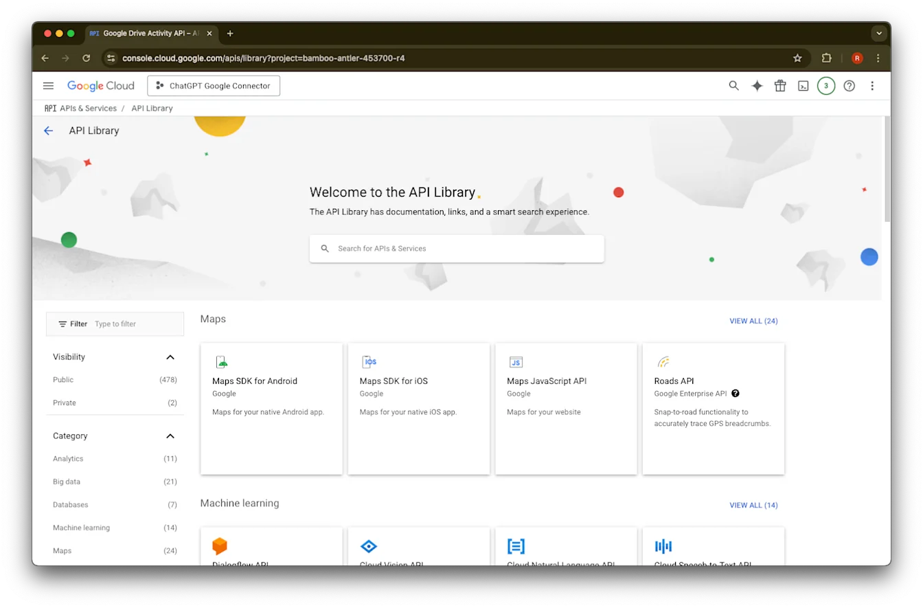 Google Cloud API Library page for the ChatGPT Google Connector project