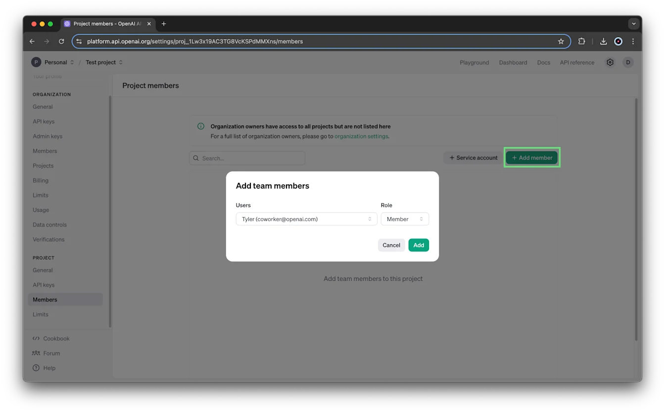 Project members with Add team members dialog assigning a user the Member role