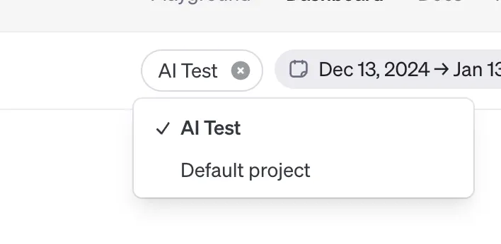API Usage Dashboard project filter dropdown with AI Test selected