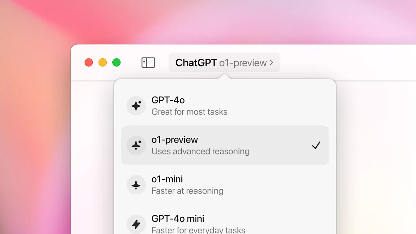 ChatGPT macOS model picker with o1-preview selected