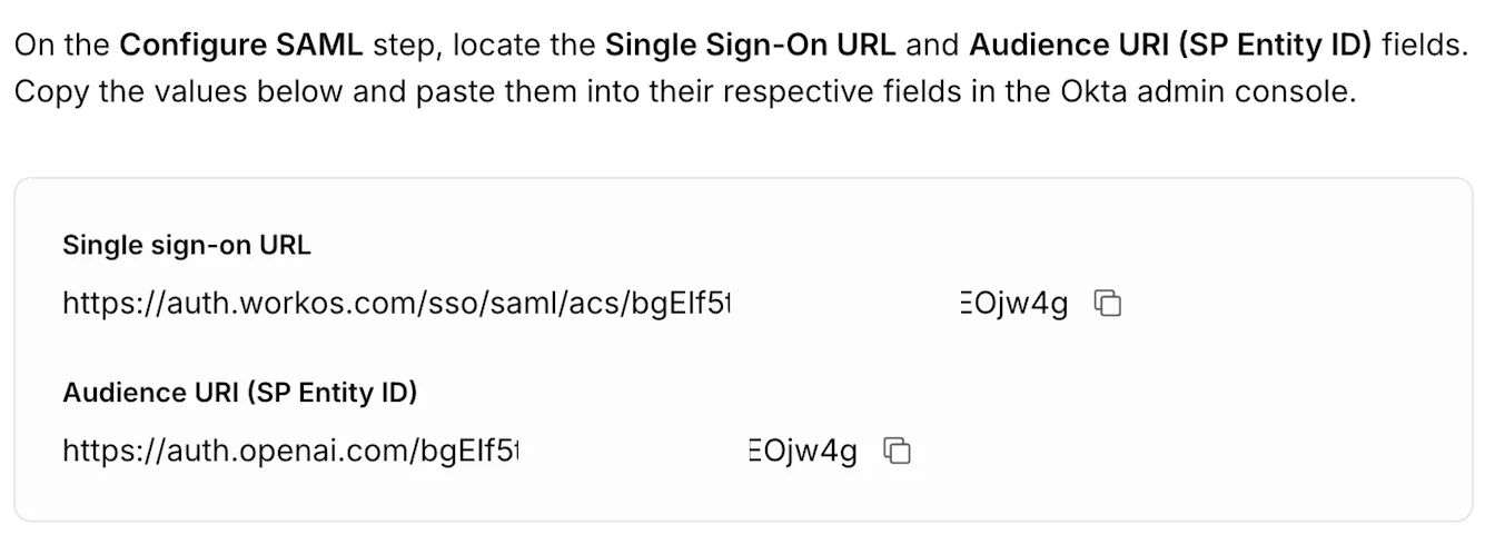 Configure SAML step with Single sign-on URL and Audience URI values to copy into Okta