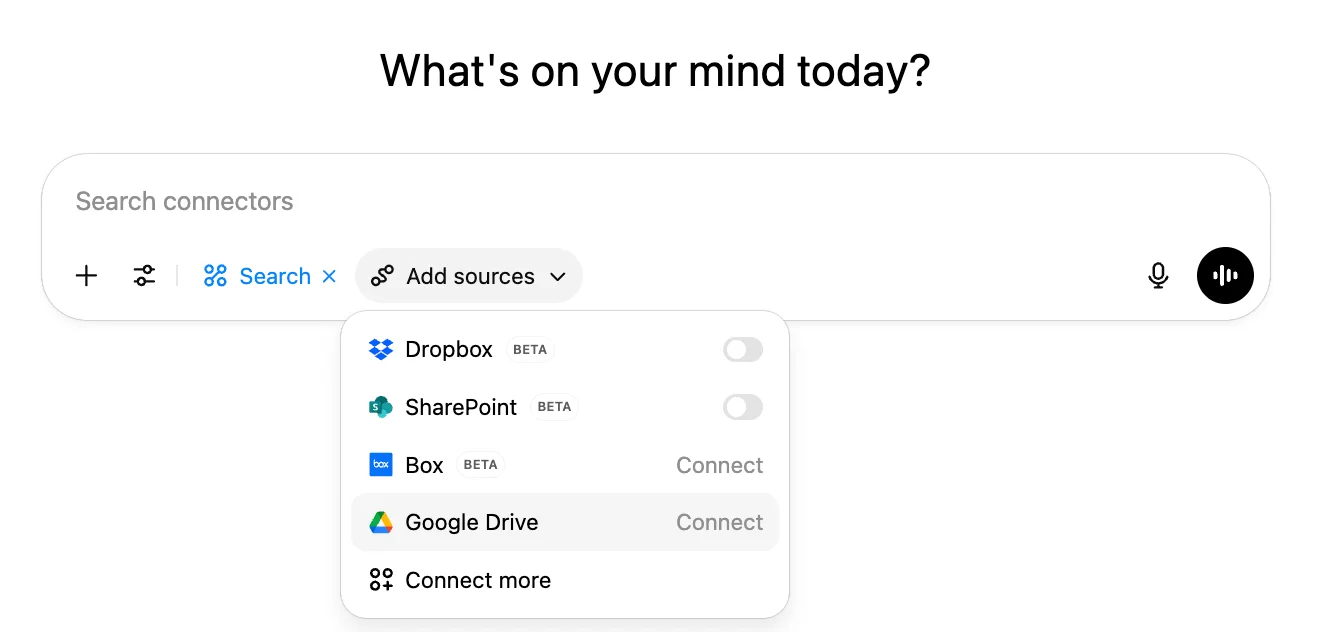 Connector picker with Google Drive listed and a Connect action