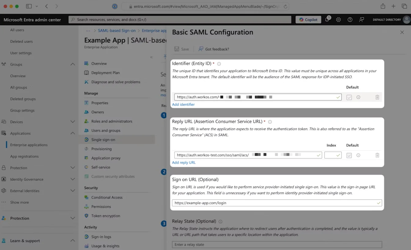 Microsoft Entra Basic SAML Configuration with Identifier and Reply URL fields filled for SSO setup