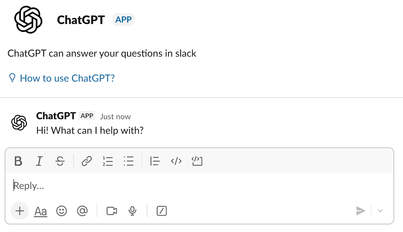 ChatGPT app direct message in Slack with a welcome message and reply field