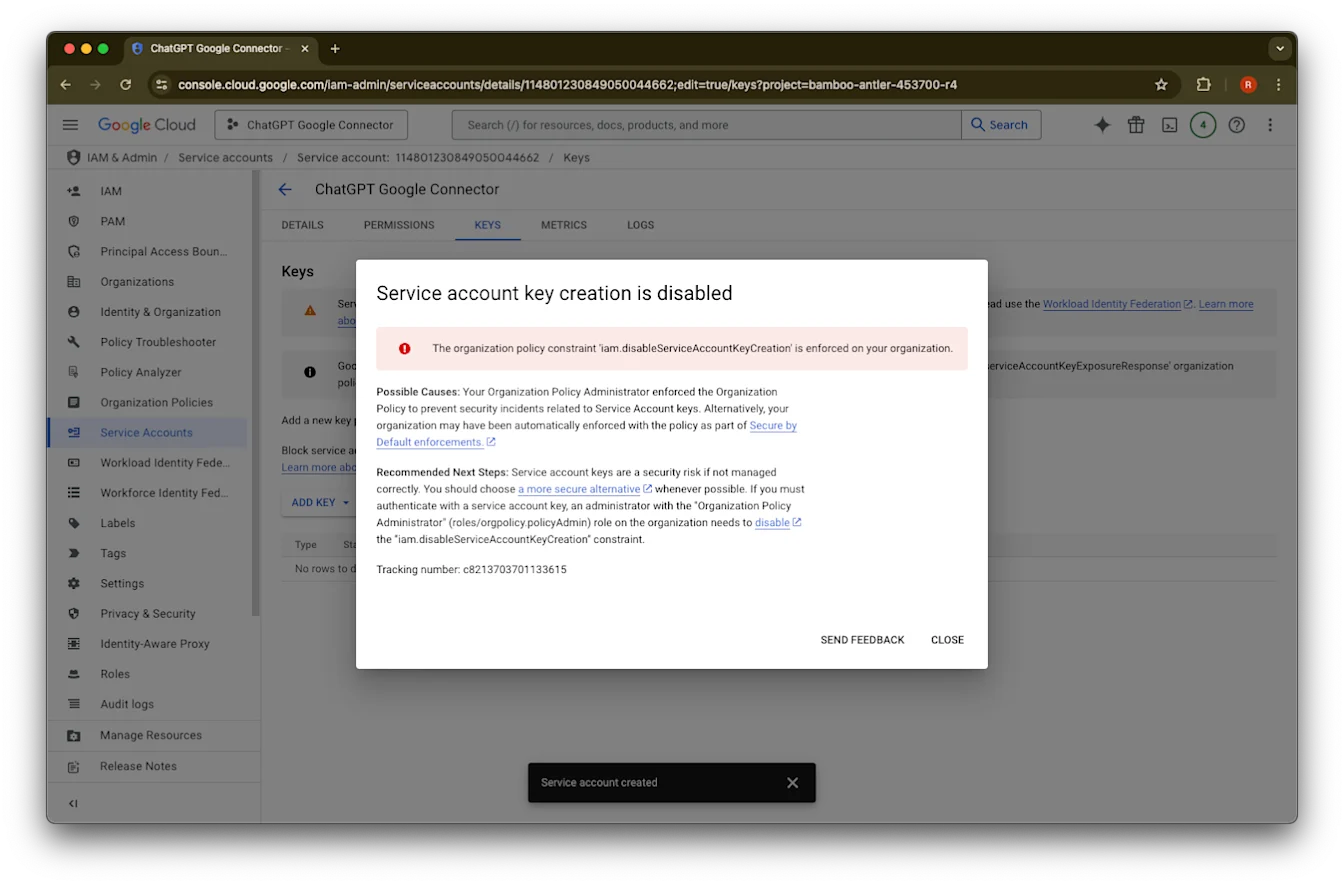 Google Cloud service account Keys tab with error that service account key creation is disabled