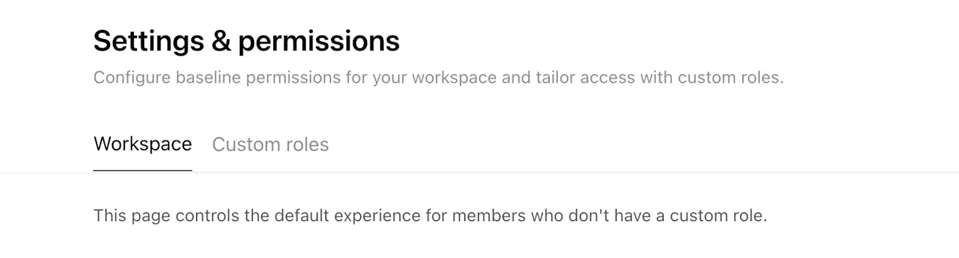 Settings & permissions page with Workspace and Custom roles tabs for configuring baseline and custom access