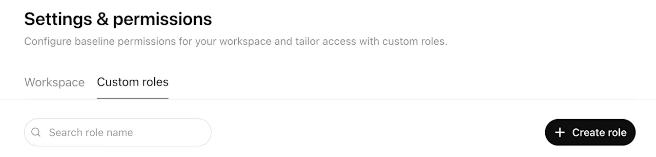 Settings & permissions page with Custom roles tab selected and Create role button