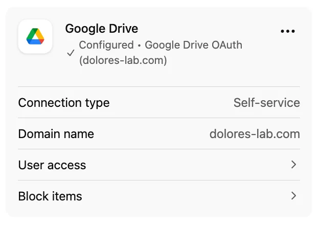 Google Drive app details with Self-service connection type configured for dolores-lab.com