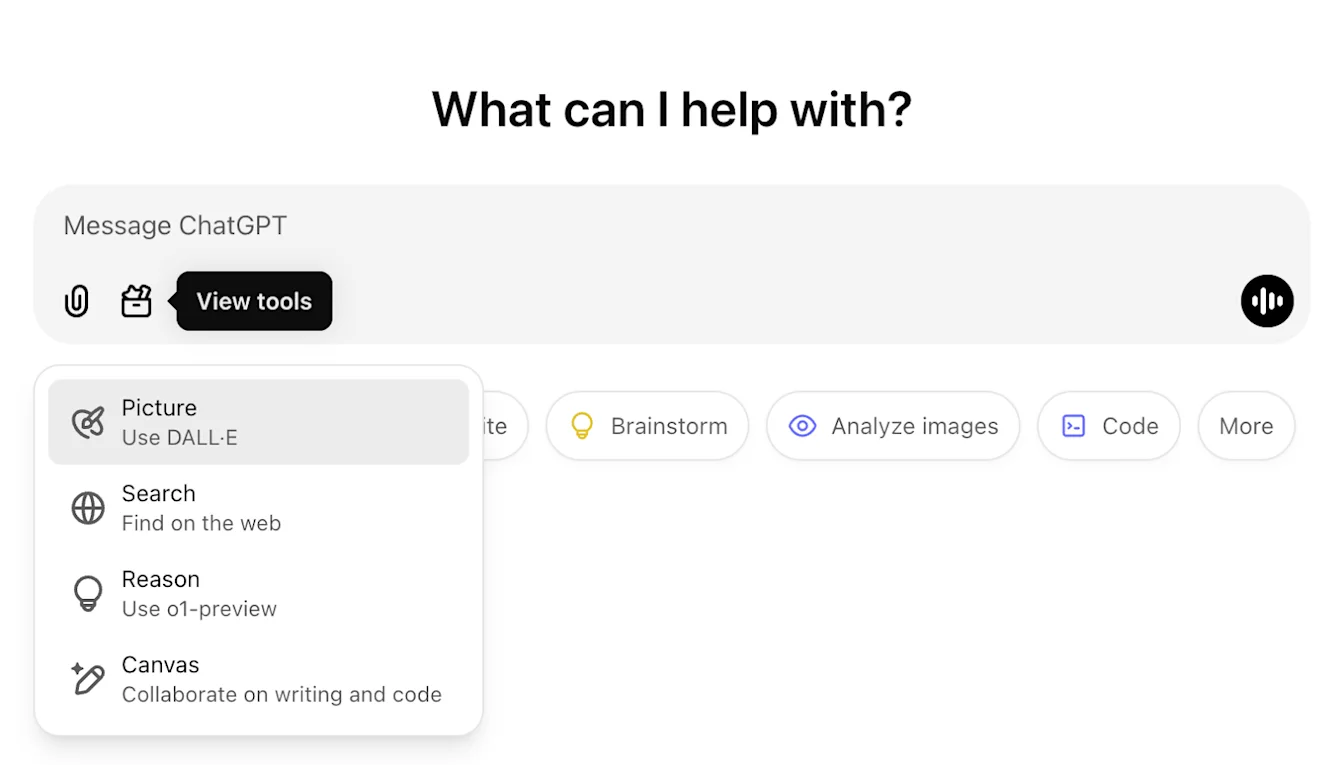 ChatGPT composer with the tools menu open, highlighting Picture for DALL·E