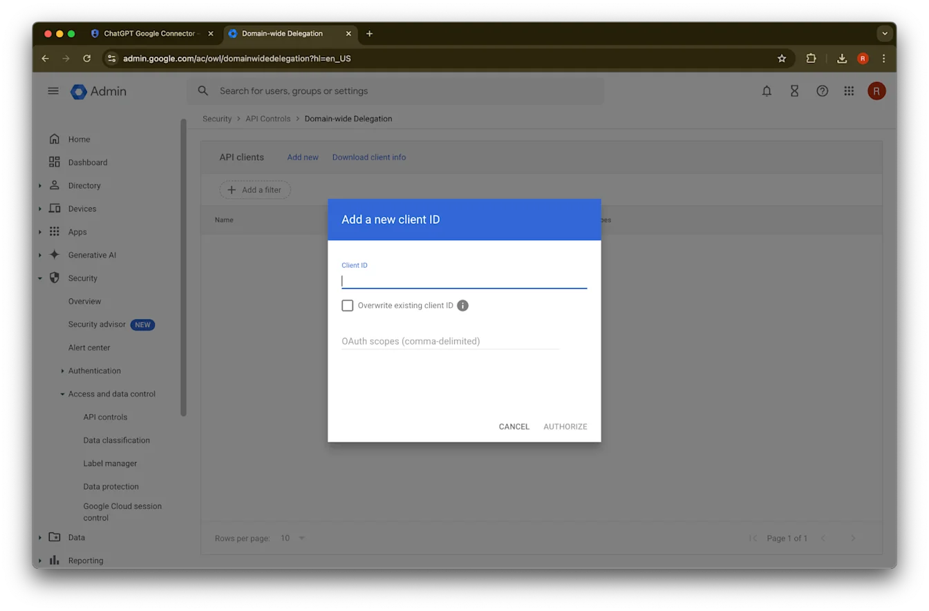 Google Admin Domain-wide Delegation dialog for adding a new client ID and OAuth scopes