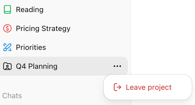 ChatGPT project list with Q4 Planning menu open and Leave project option