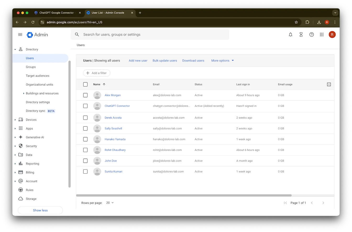 Google Admin console Users page listing accounts including ChatGPT Connector