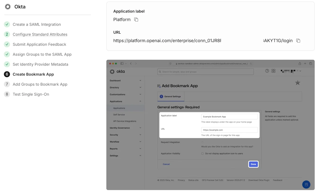 Okta Create Bookmark App step with Platform label and an OpenAI enterprise login URL entered