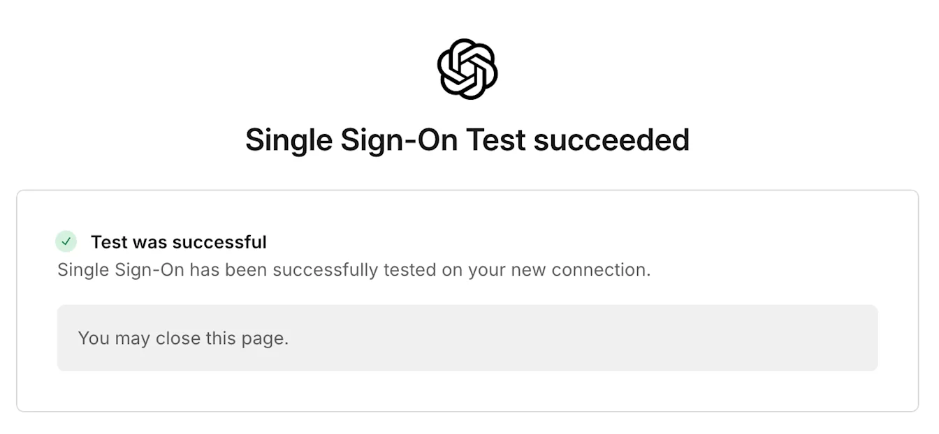 OpenAI Single Sign-On test succeeded confirmation page