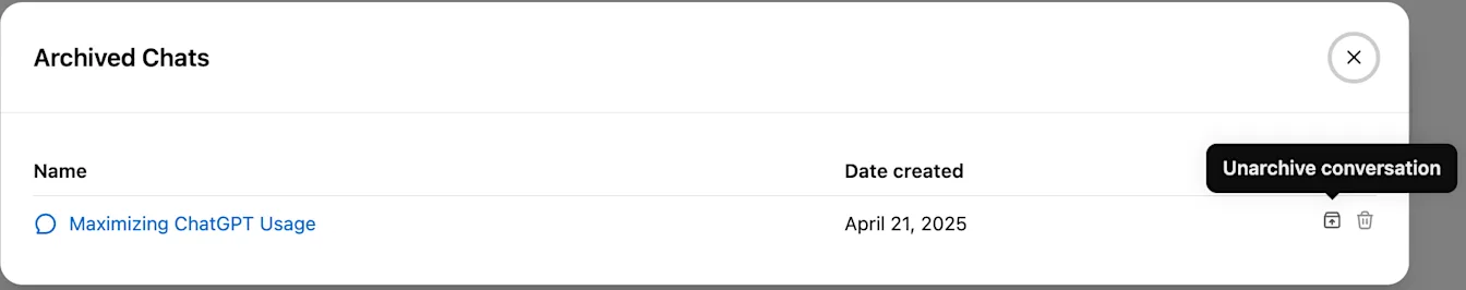 Archived Chats list with an Unarchive conversation tooltip for a saved chat