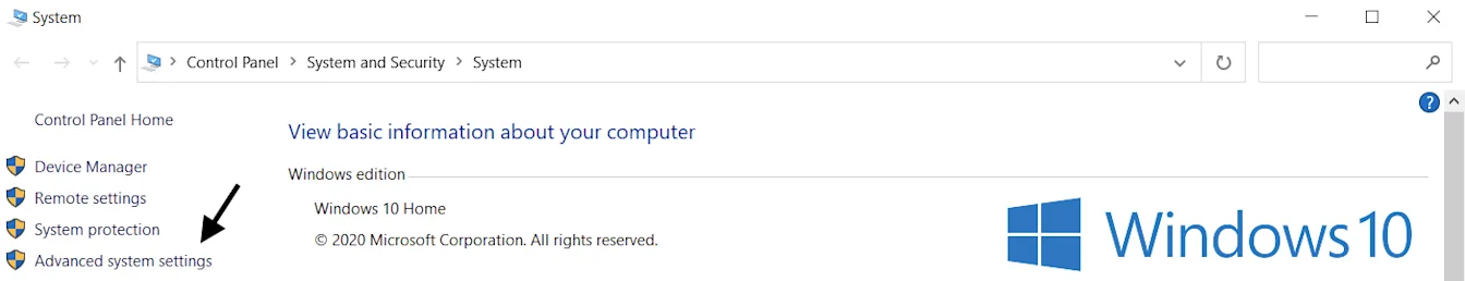 Windows 10 System settings with Advanced system settings highlighted in Control Panel