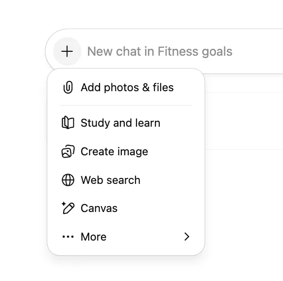 ChatGPT project chat composer with the plus menu open for adding photos, study tools, image creation, web search, and Canvas