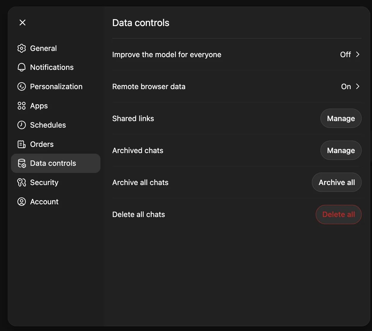ChatGPT Data controls settings with Shared links management option