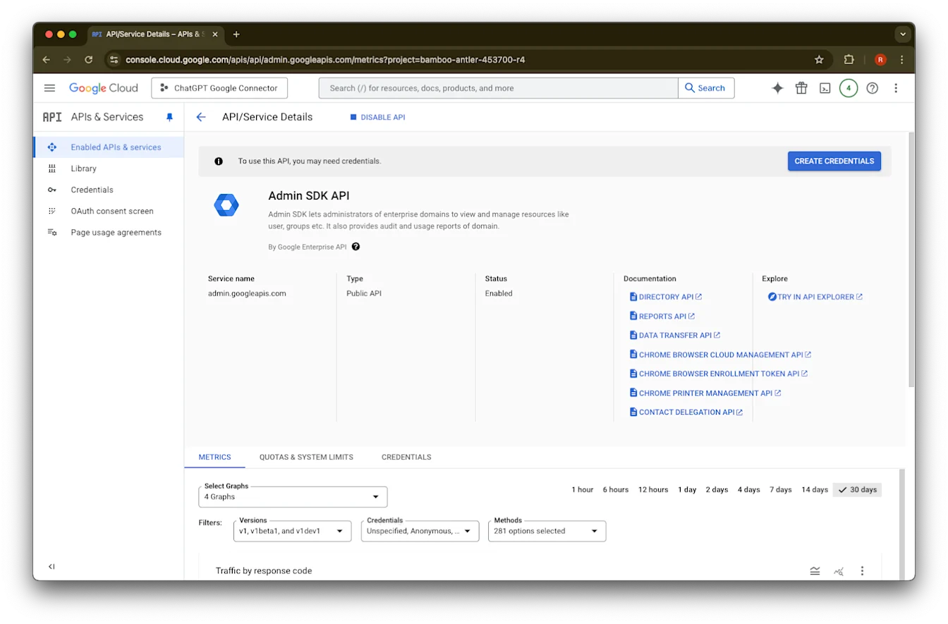 Google Cloud Admin SDK API details page with the API enabled and Create credentials button available