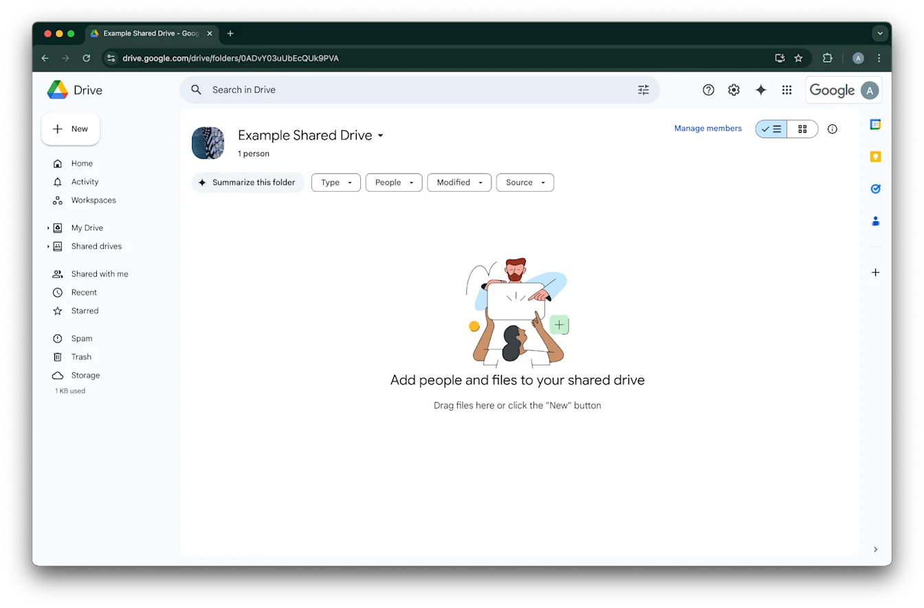 Google Drive shared drive with Manage members visible for Example Shared Drive