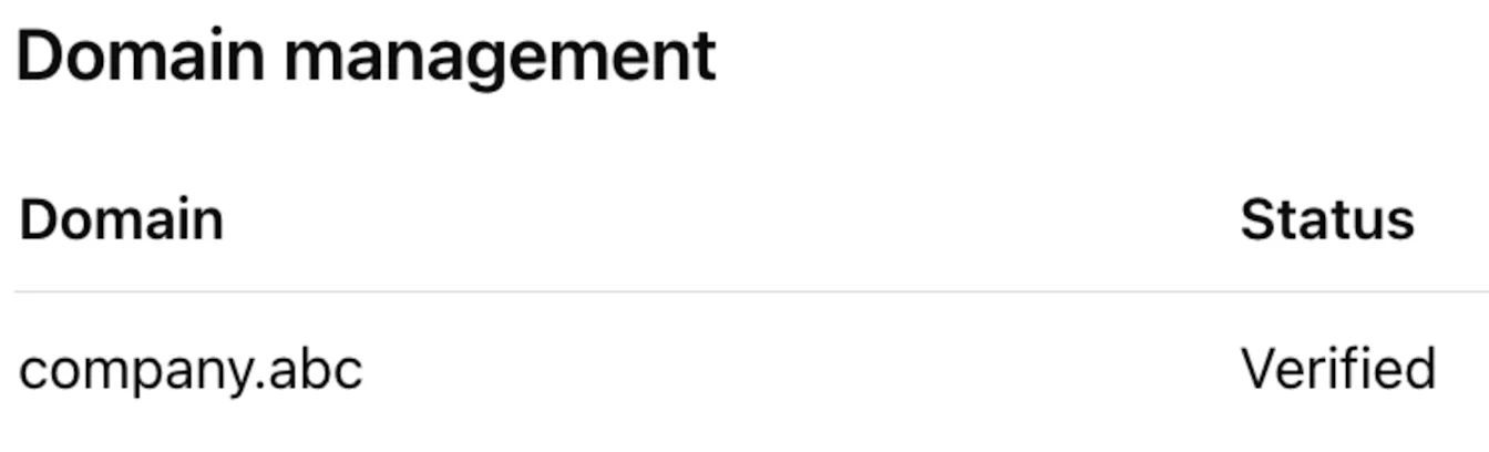 Domain management page with company.abc listed as Verified