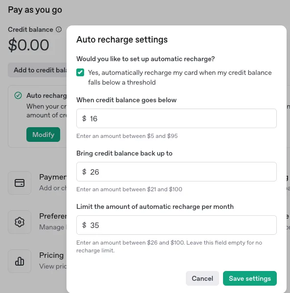 Auto recharge settings dialog with automatic recharge enabled and threshold, refill, and monthly limit amounts entered