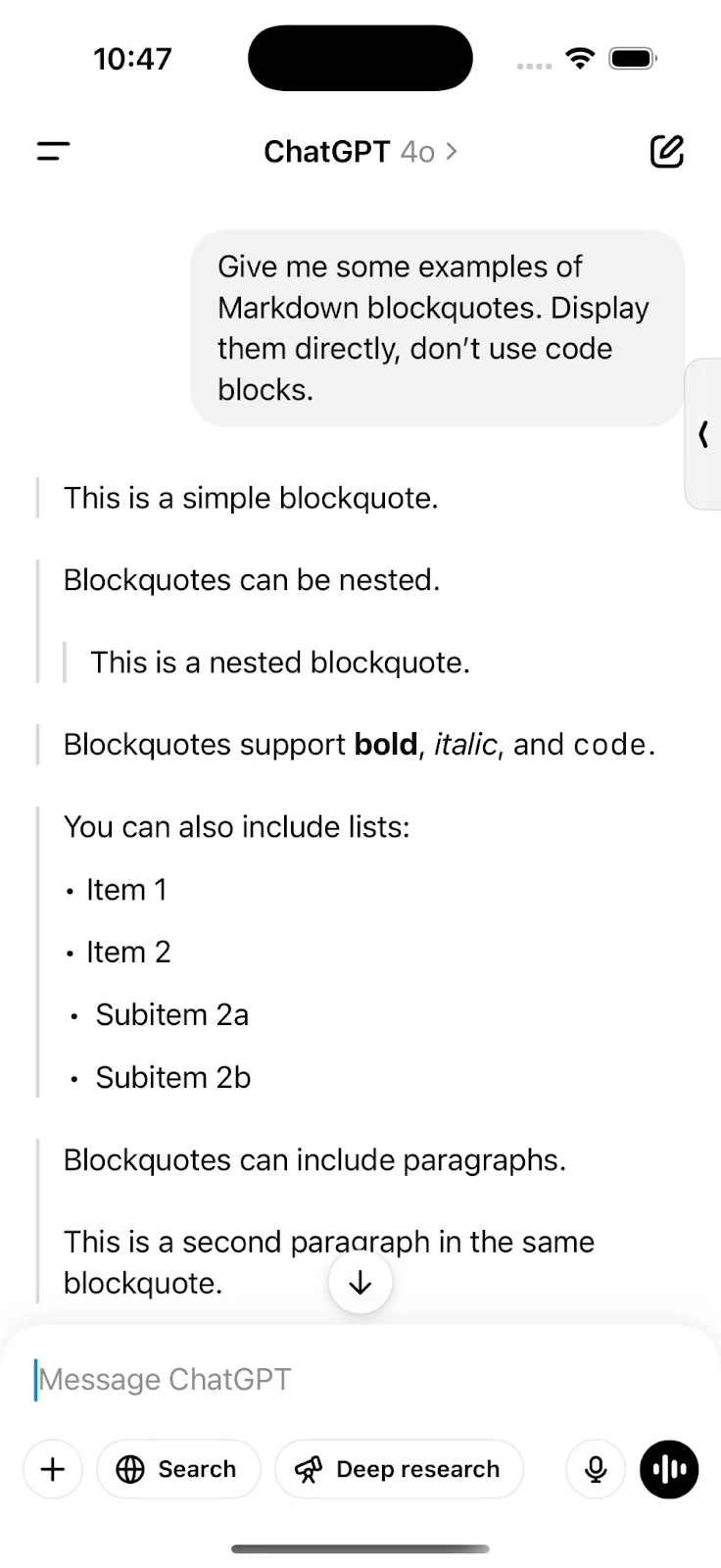ChatGPT mobile chat with examples of Markdown blockquotes
