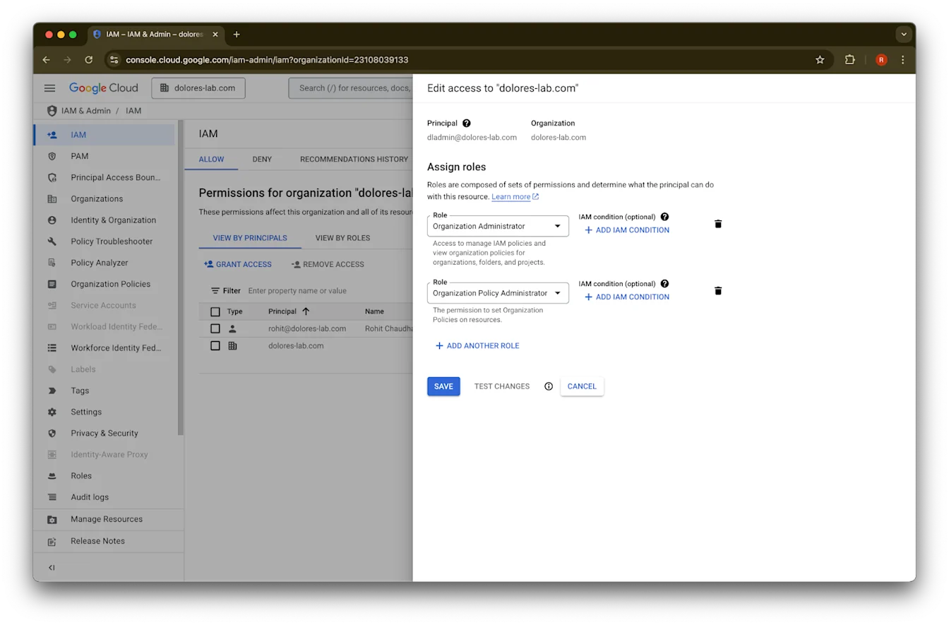 Google Cloud IAM access editor assigning Organization Administrator and Organization Policy Administrator roles