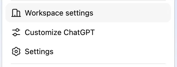 ChatGPT account menu with Workspace settings highlighted