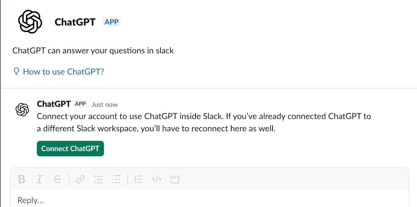 Slack ChatGPT app message prompting users to connect their account with a Connect ChatGPT button
