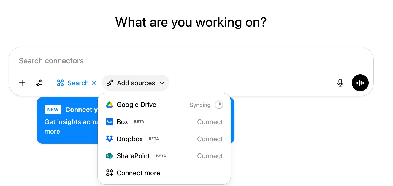 ChatGPT Add sources menu with Google Drive already syncing