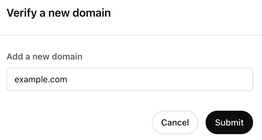 Verify a new domain dialog with example.com entered and Submit available