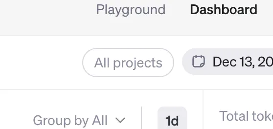 API Dashboard with All projects filter, date selector, and Group by set to All