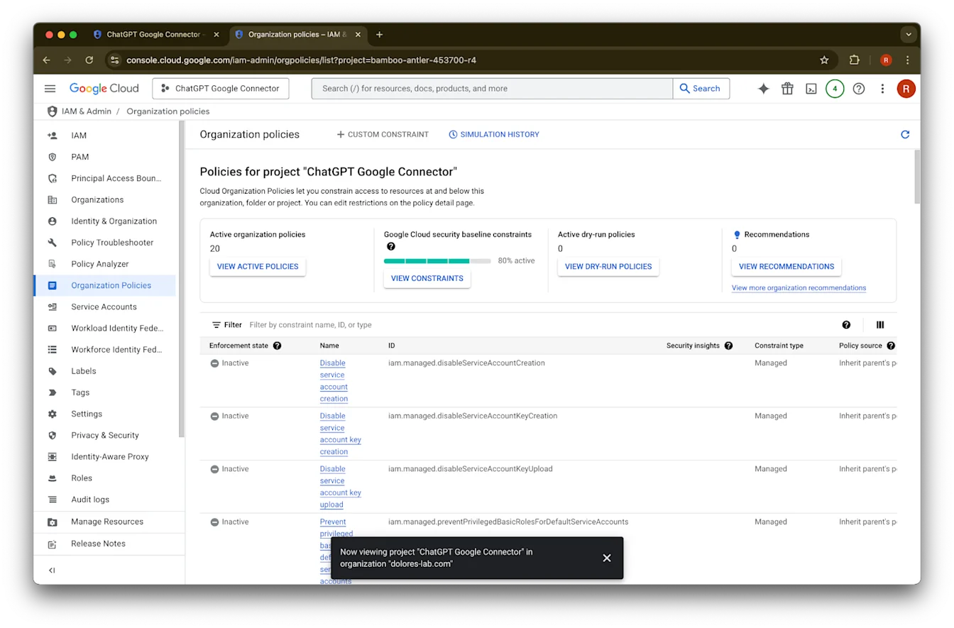 Google Cloud organization policies for the ChatGPT Google Connector project