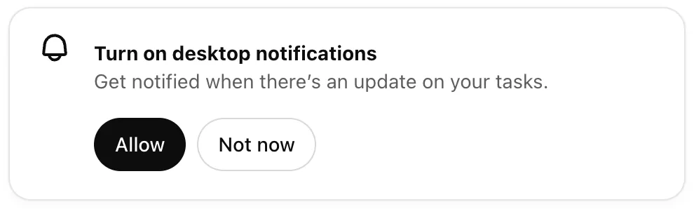 ChatGPT prompt to enable desktop notifications for task updates with Allow and Not now options