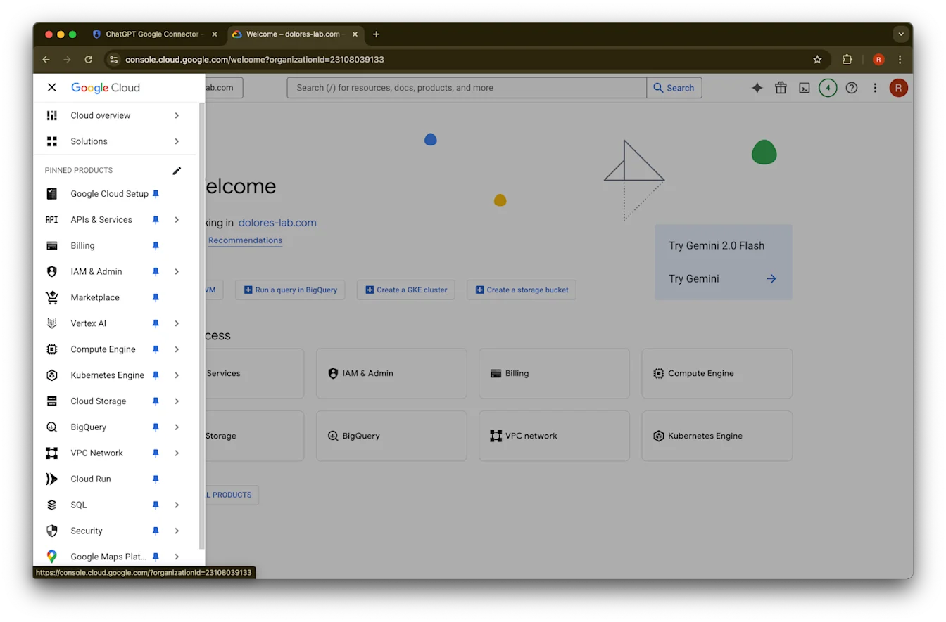Google Cloud console navigation menu open with Google Cloud Setup pinned