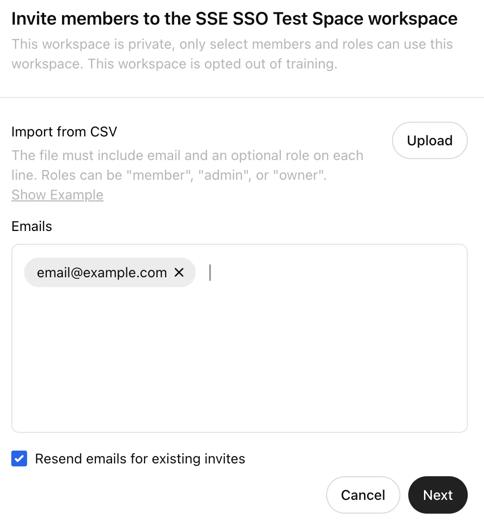 Workspace invite modal with CSV upload, email entry, and Resend emails for existing invites selected