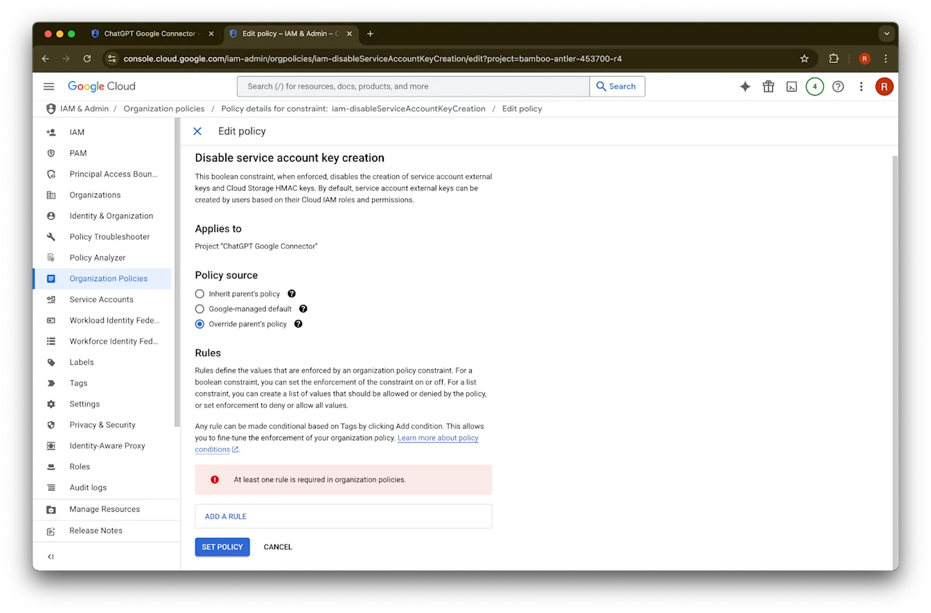 Edit policy page for Disable service account key creation with Override parent's policy selected