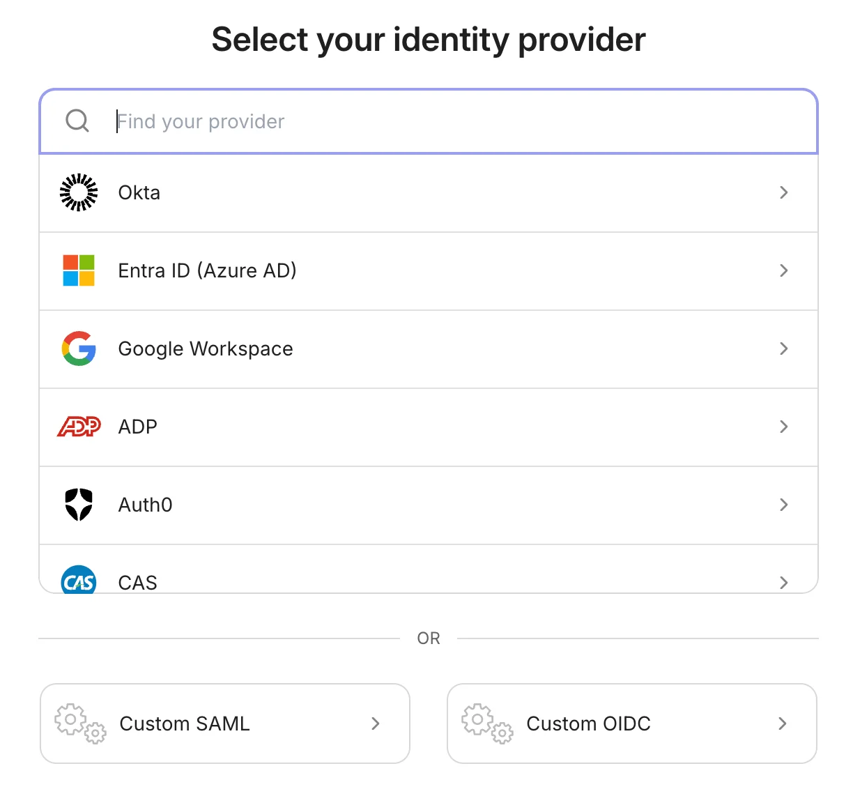 Identity provider selection screen for SSO setup with common providers plus Custom SAML and Custom OIDC