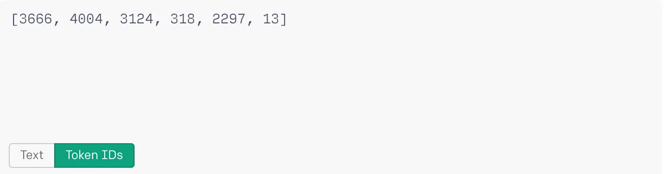 Tokenizer output with Token IDs selected and a list of numeric token IDs