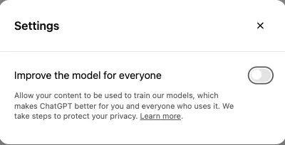 ChatGPT Settings toggle for Improve the model for everyone turned off