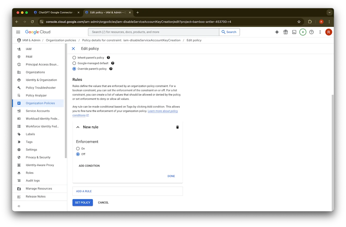 Google Cloud Edit policy page with Override parent's policy selected and enforcement set to Off