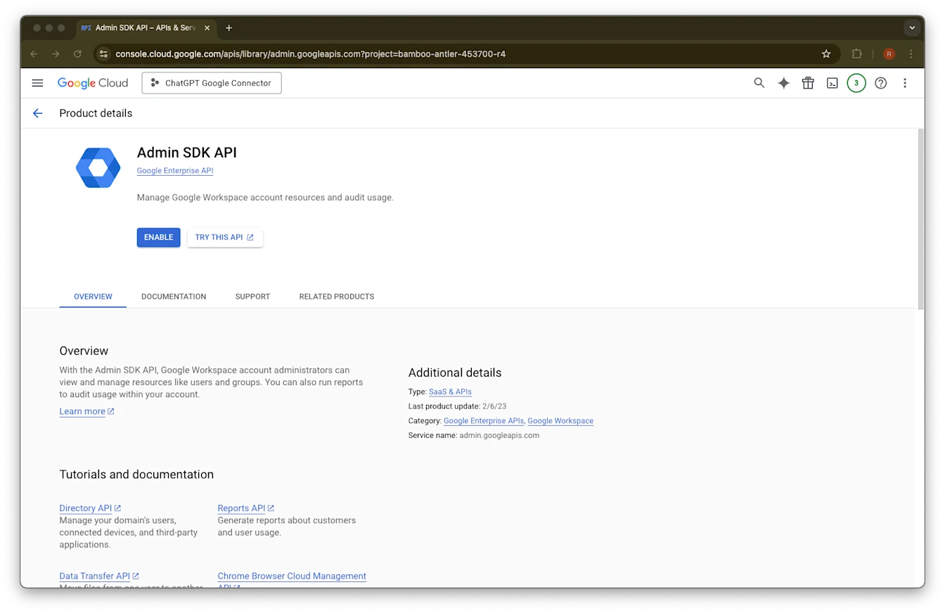 Google Cloud Admin SDK API page with the Enable button for the ChatGPT Google Connector project